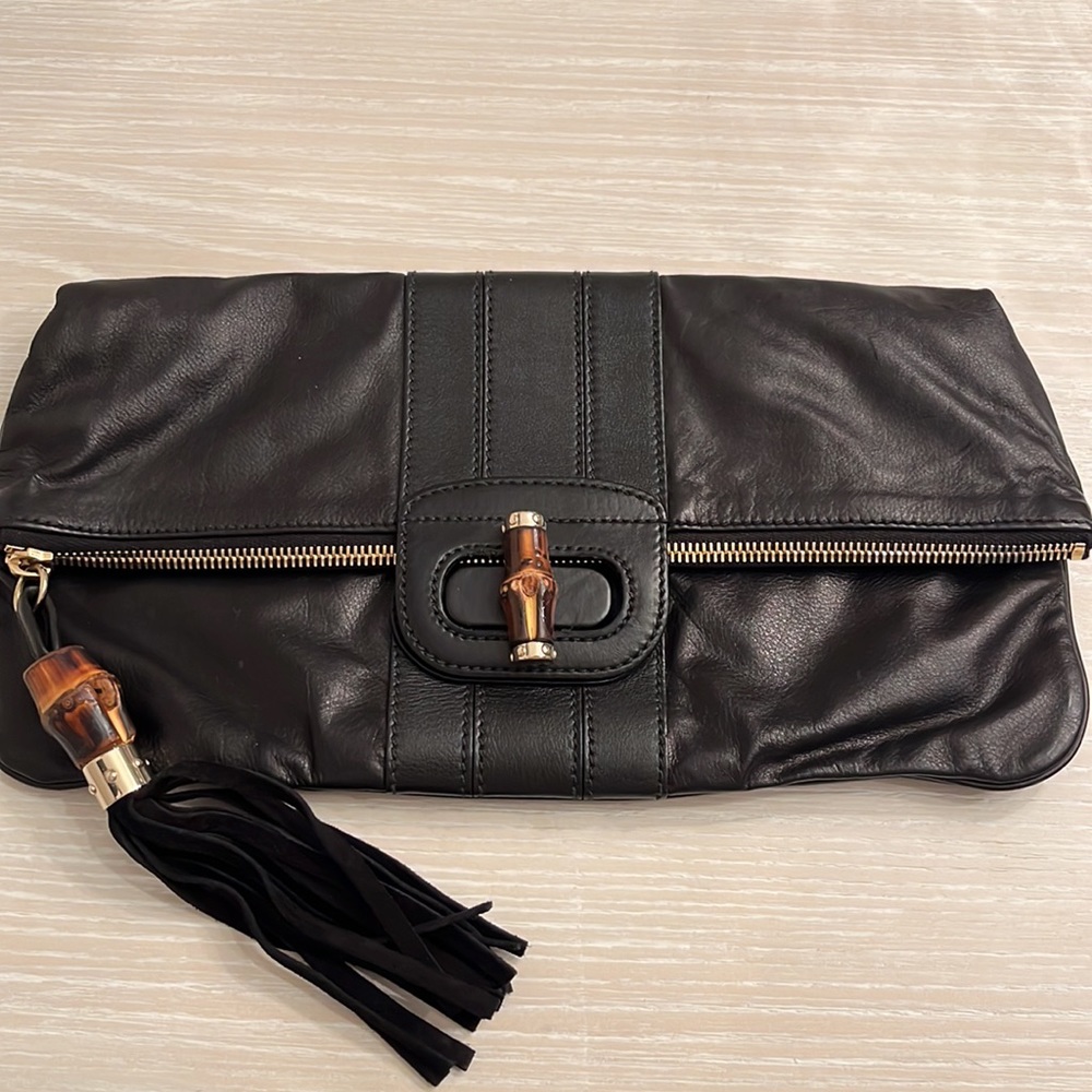Gucci black leather and bamboo clutch with goldtone hardware